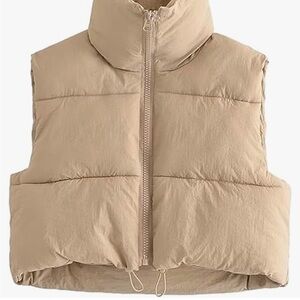 Cream/Beige Quilted Puffer Vest with High Collar and Zipper Closure Small